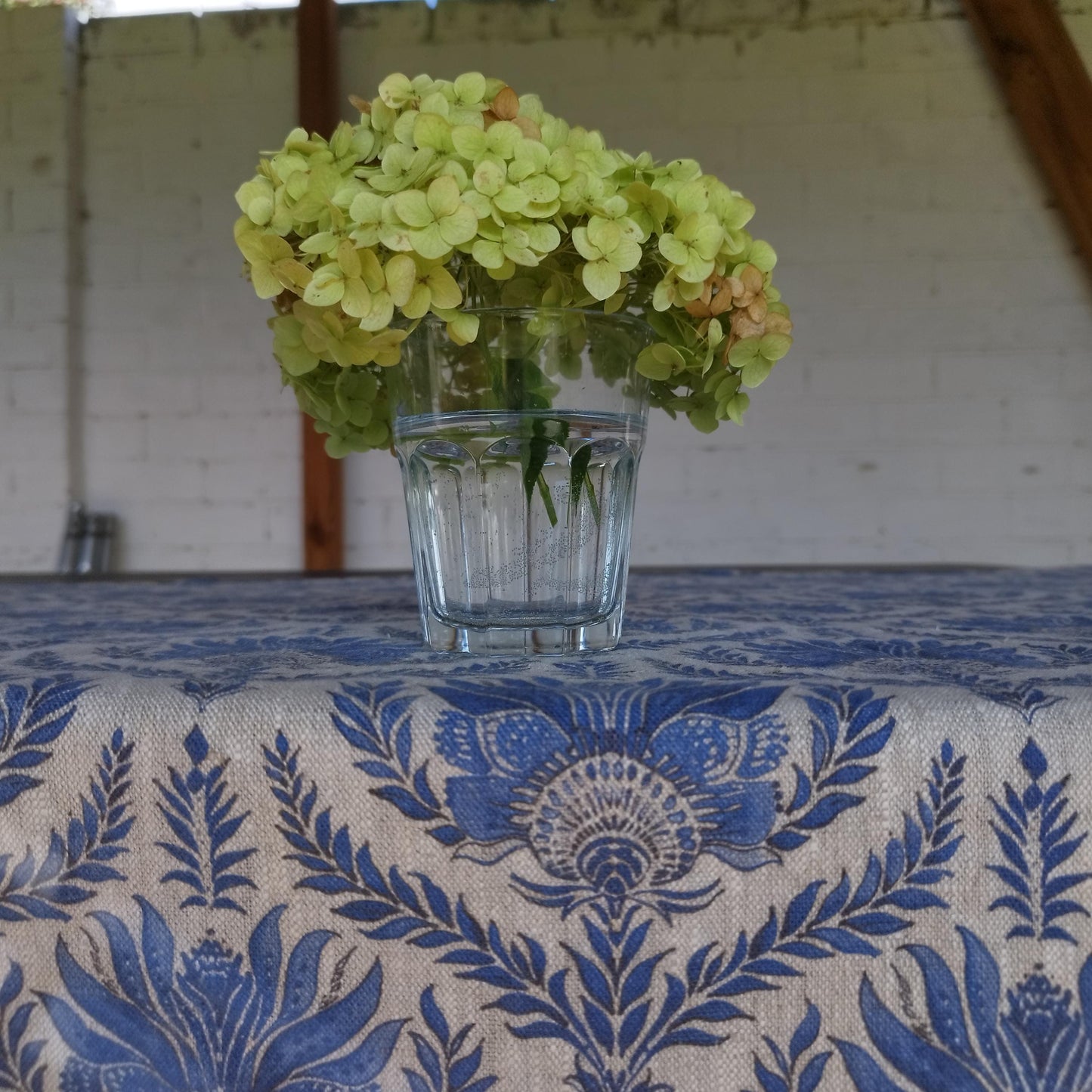 French tablecloth with Blue print, French Retro Vintage table cloth Bohemian Blue on natural linen with floral block stamp