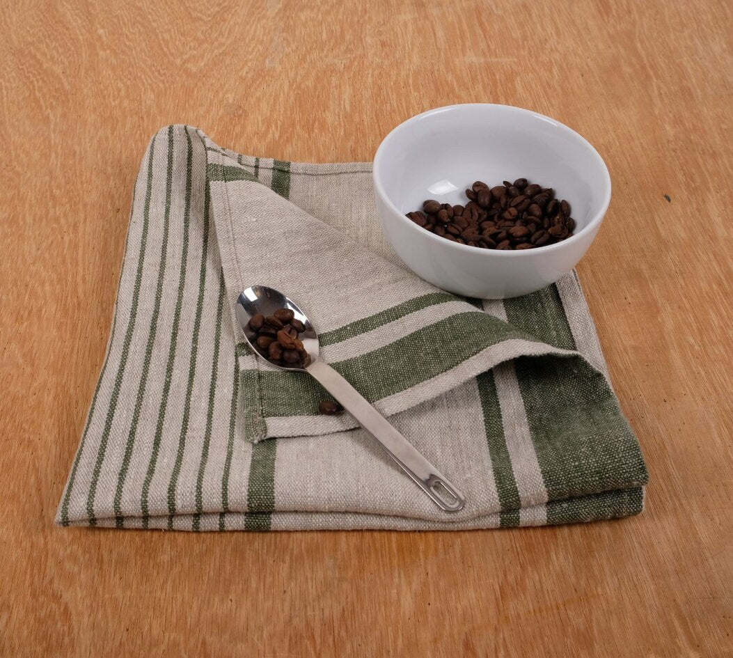 Linen napkins - grain sack French linen. Natural green striped. Cottage coutry style. Set of linen napkins. Stonewashed cloth napkins