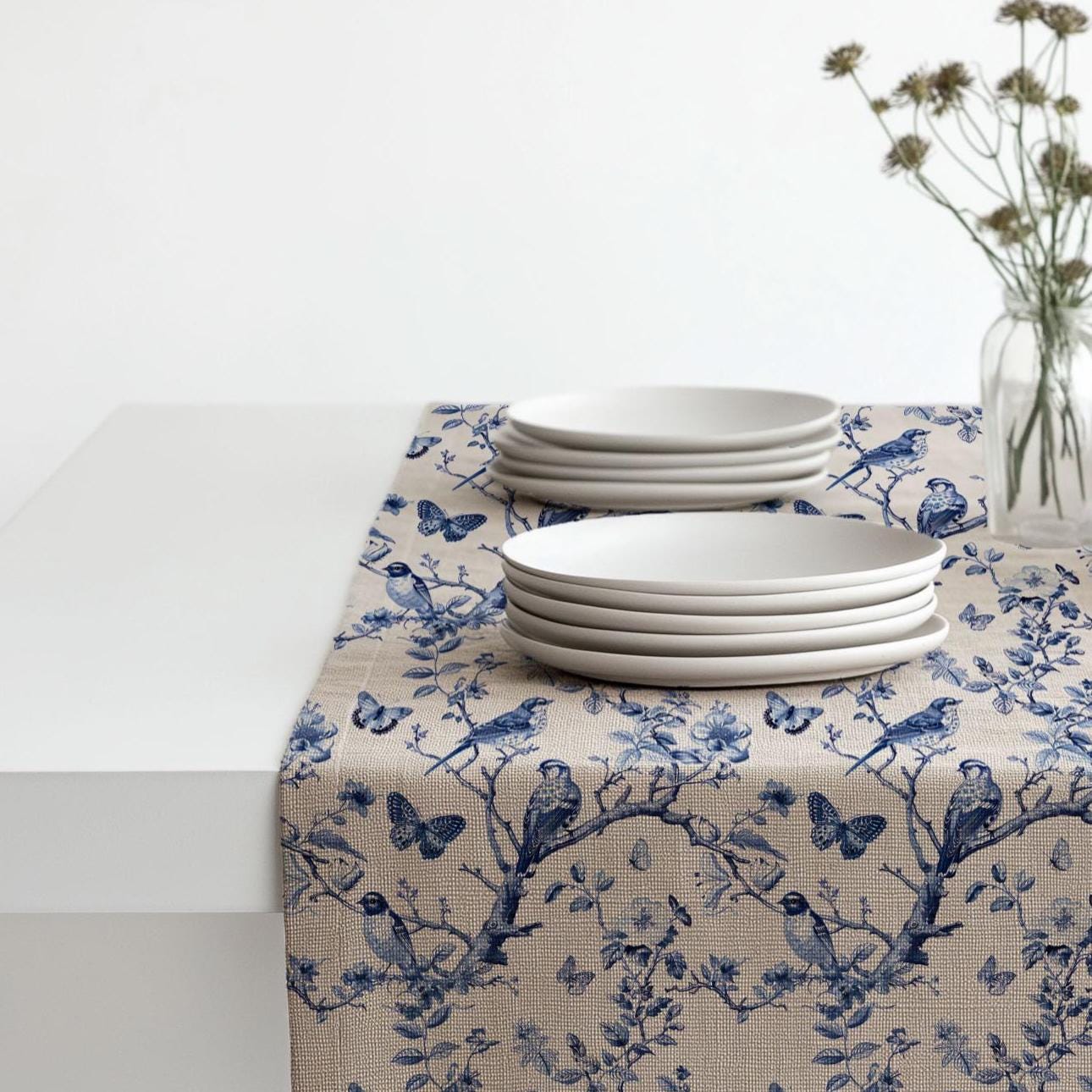 Coastal Linen runner -Toile de jouy block print natural linen - indigo blue Rustic linen Marine Cottage farmhouse country style
