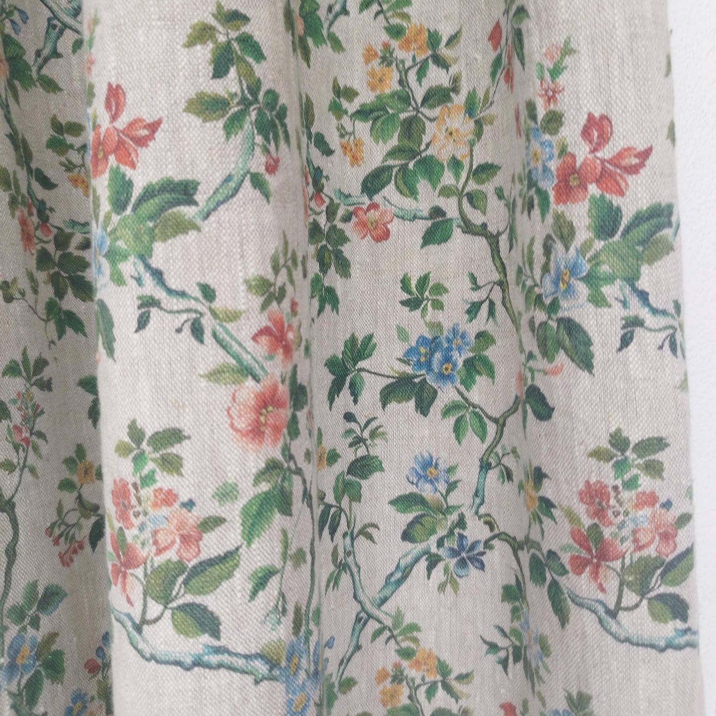 Curtains 100% Linen with botanical red green toile de jouy print PREWASHED. kitchen Living room farmhouse linen window panel