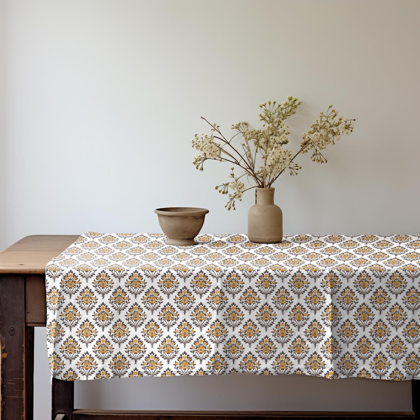 Designer Mustard brown Linen tablecloth / Holiday Tablecloth French Table Cover in Block Printed Floral Dinning Elegant Decoration