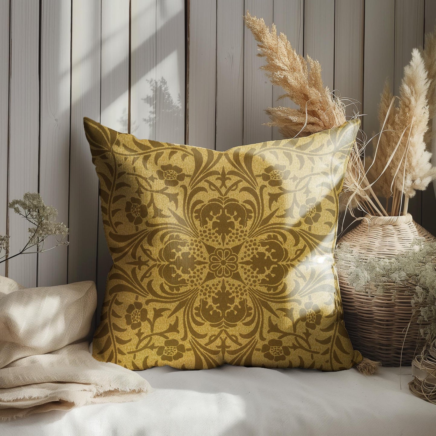 Modernt linneörngott med William Morris senapsgult tryck, Art and Crafts örngott på linne för Coutryhome Victorian