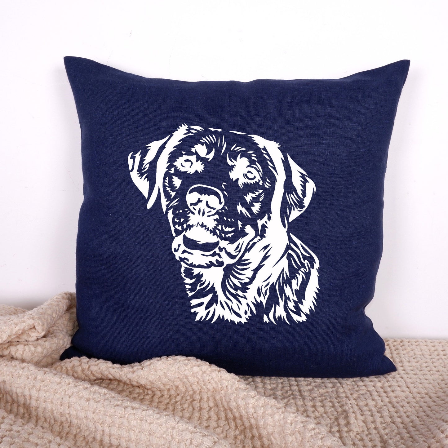 SALE LINEN Cushion cover in blue with dog , decorative linen pillow cover cushion