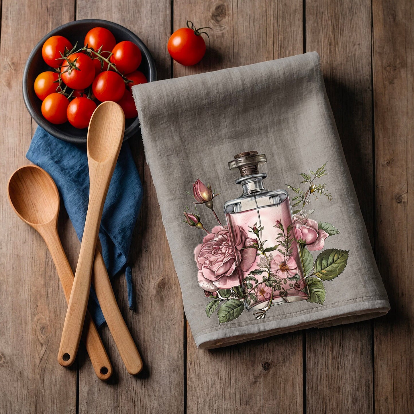 Pink Parfum Tea Towel in linen, floral roses Hand Towels Tea, black Frech Dish Towel, botanical parfum Kitchen Décor Tea Towel
