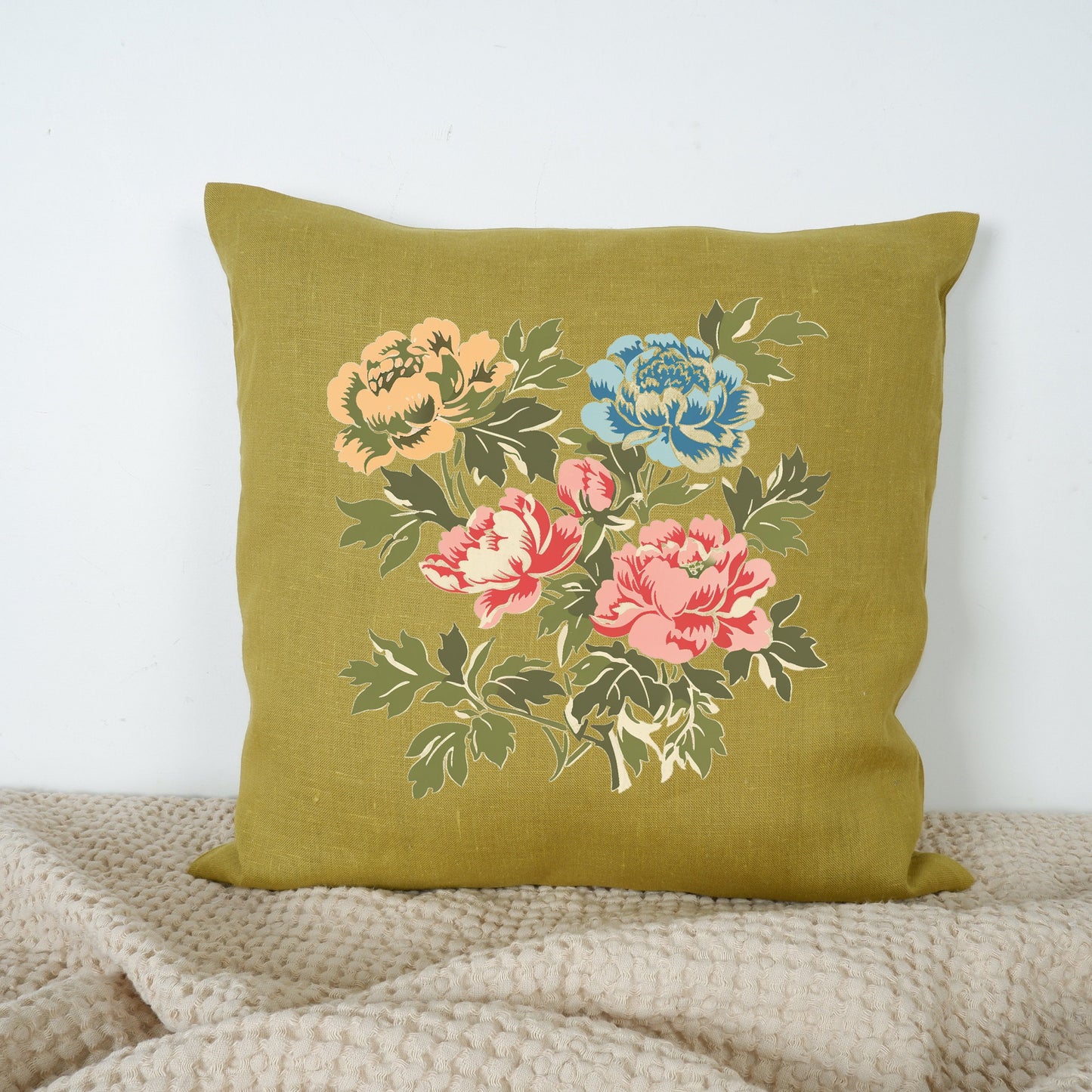 SALE LINEN Cushion cover with peony print , decorative linen pillow cover with folk art print , Floral Housewarming Gift