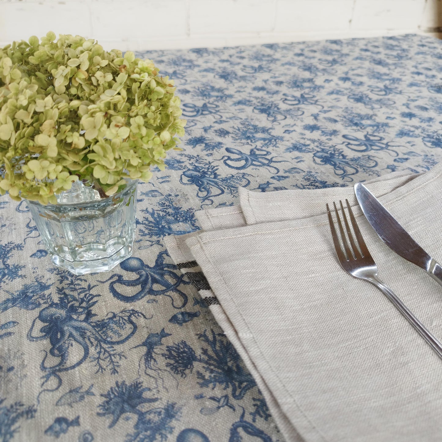 100% Linen tablecloth Blue Coastal with octopus print - French Coastal Vintage table cloth - Nautical indigo Blue Toile de jouy linen