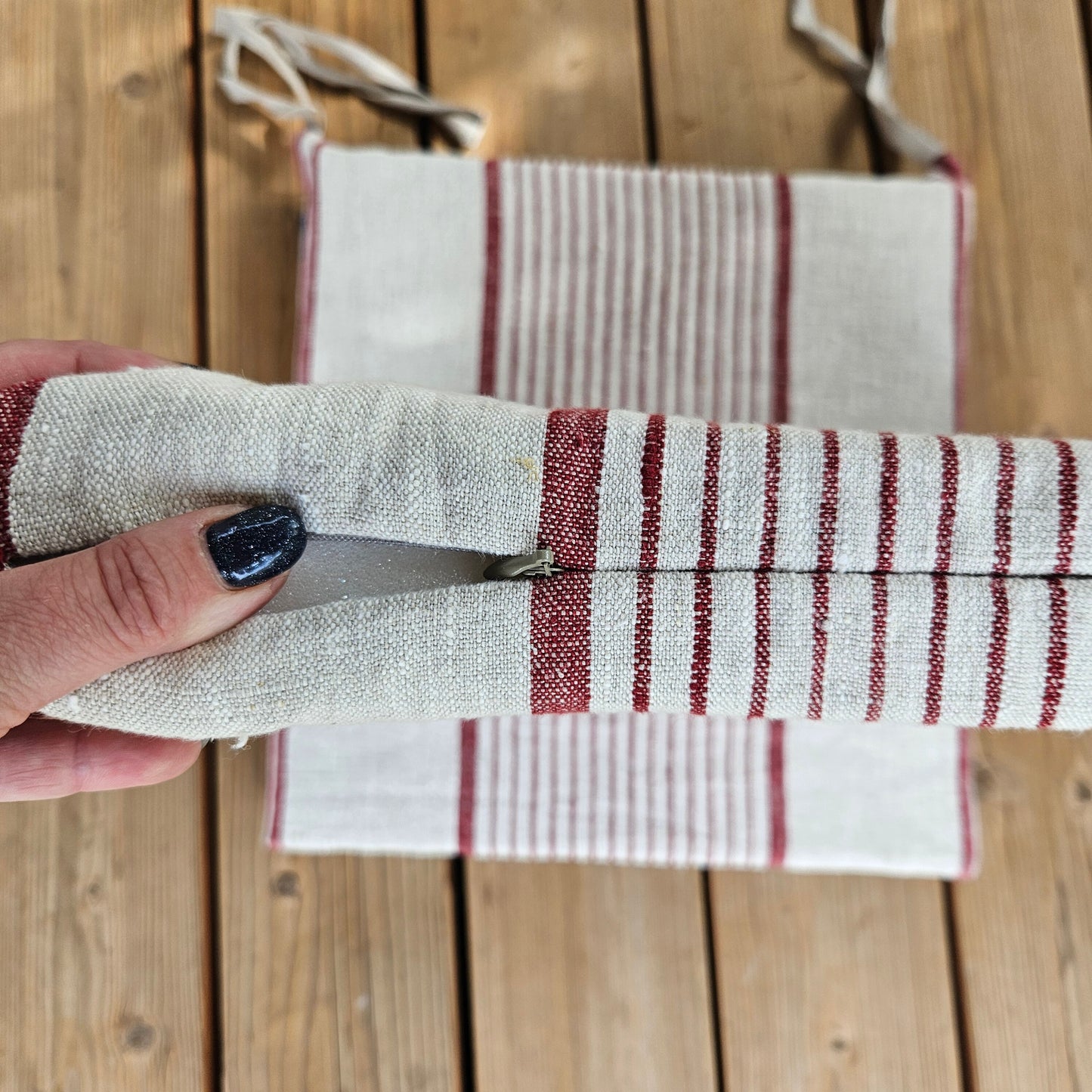 Linen Seat Cushion striped with ties, Striped red Chair Pad Pillow, Natural French Style Heavy Weight 100% Linen grain sack fabric