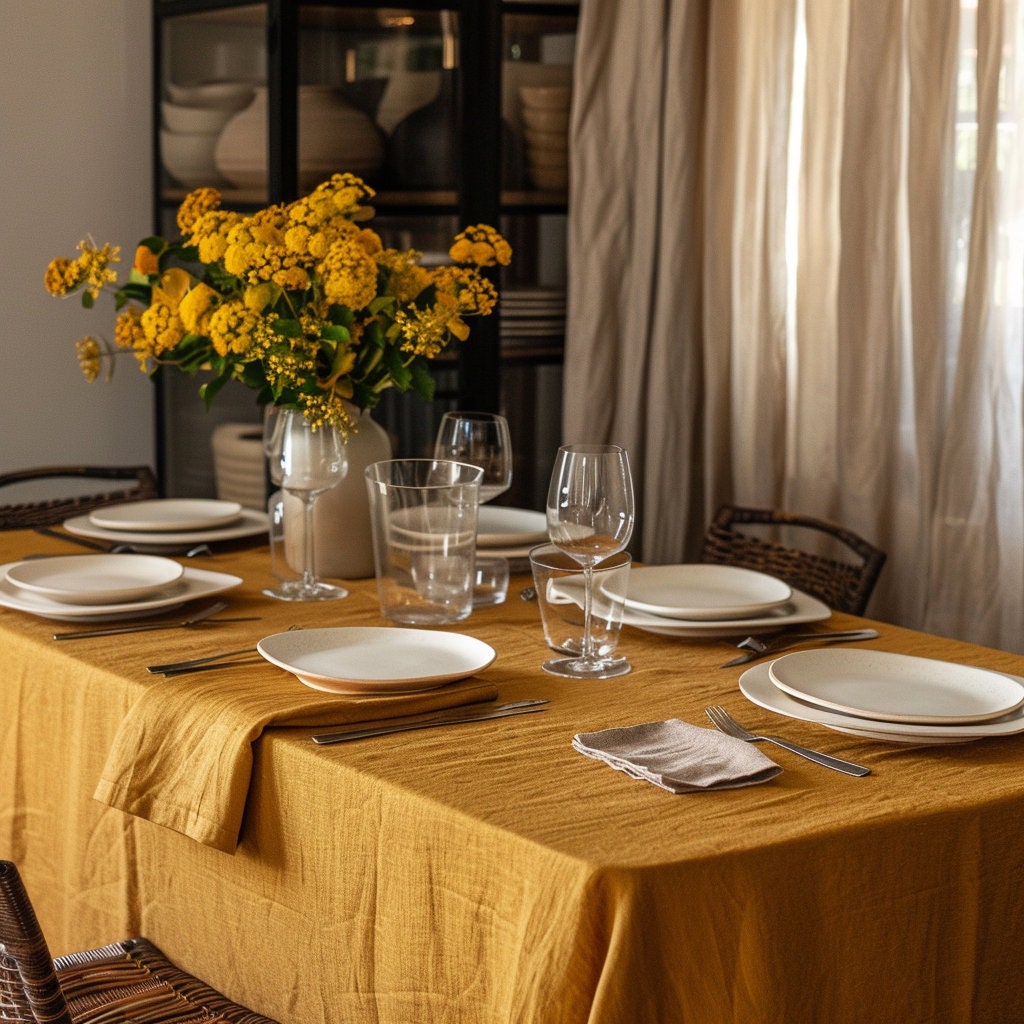100% Linen tablecloth PREWASHED mustard yellow, French linen table cloth rustic rectangle square oval pale pink country style in custom size
