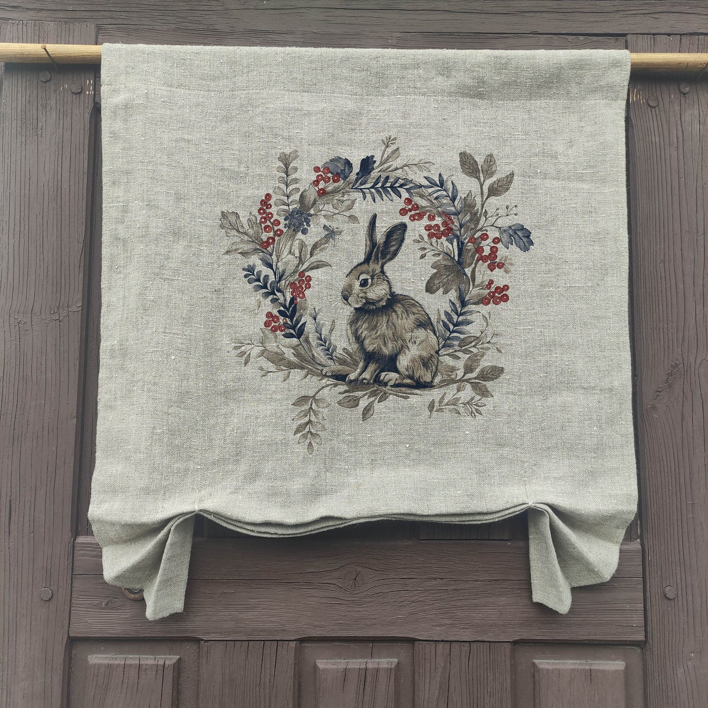natural French Door Valance 1 Panel with bunny stamp, curtain panels for door window in linen for rustic farmhouse style