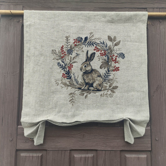 natural French Door Valance 1 Panel with bunny stamp, curtain panels for door window in linen for rustic farmhouse style