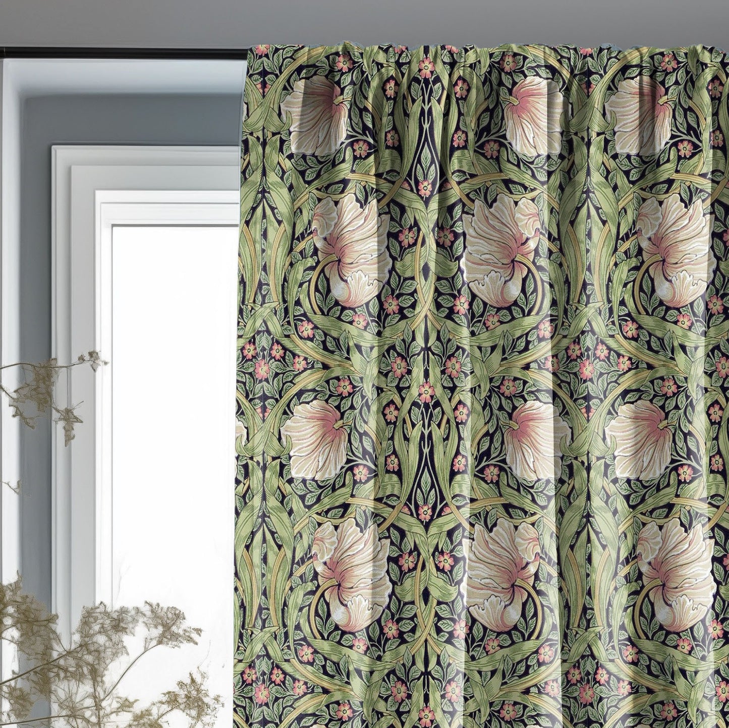 William Morris Curtain Panel Strawberry Thief, Floral with birds and strawberries Print Pattern Curtain Panels, Curtains for living room