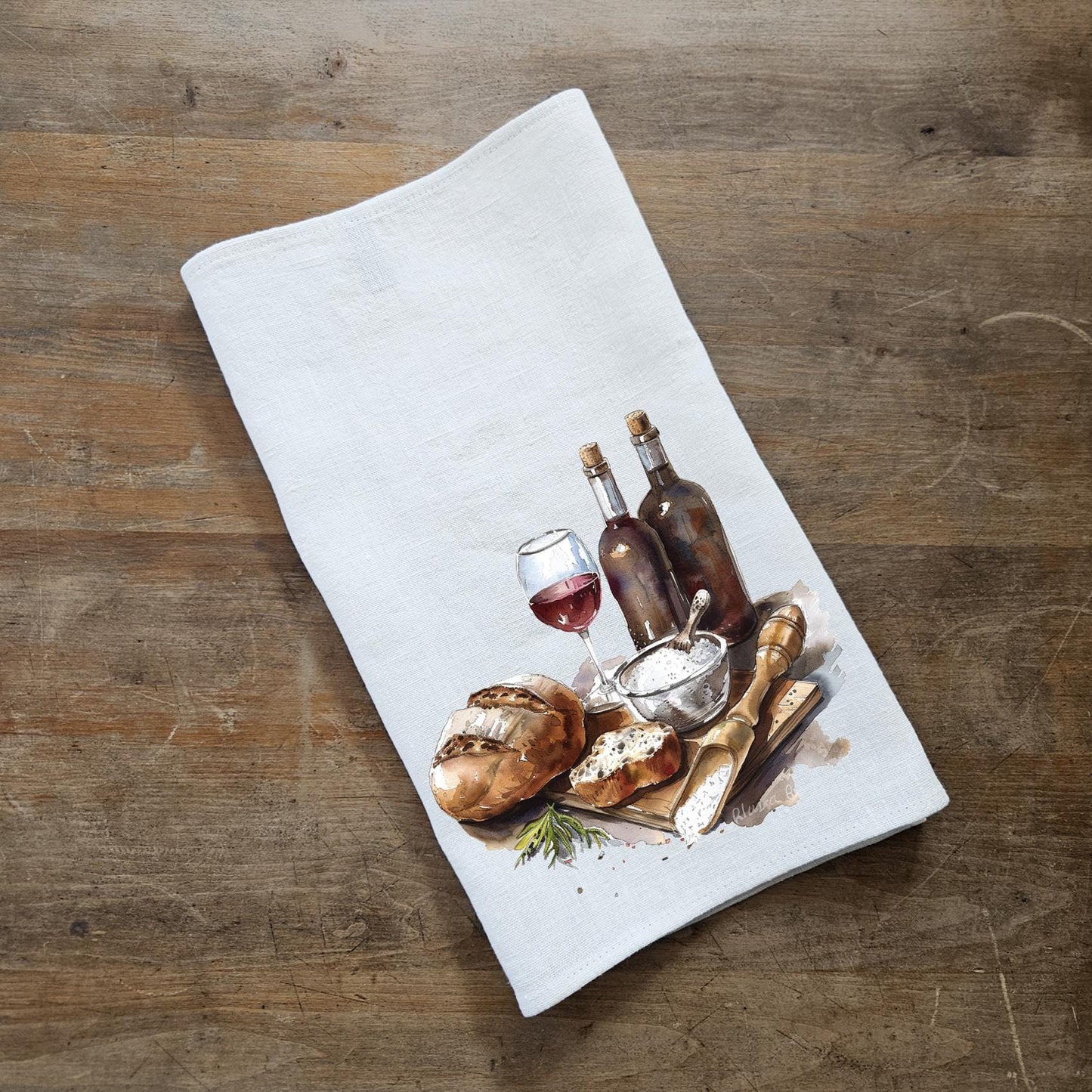 Bread & Wine Tea Towel in linen, Food lovers Hand Towels Tea, Farmhouse Dish Towel, Kitchen Décor Tea Towel