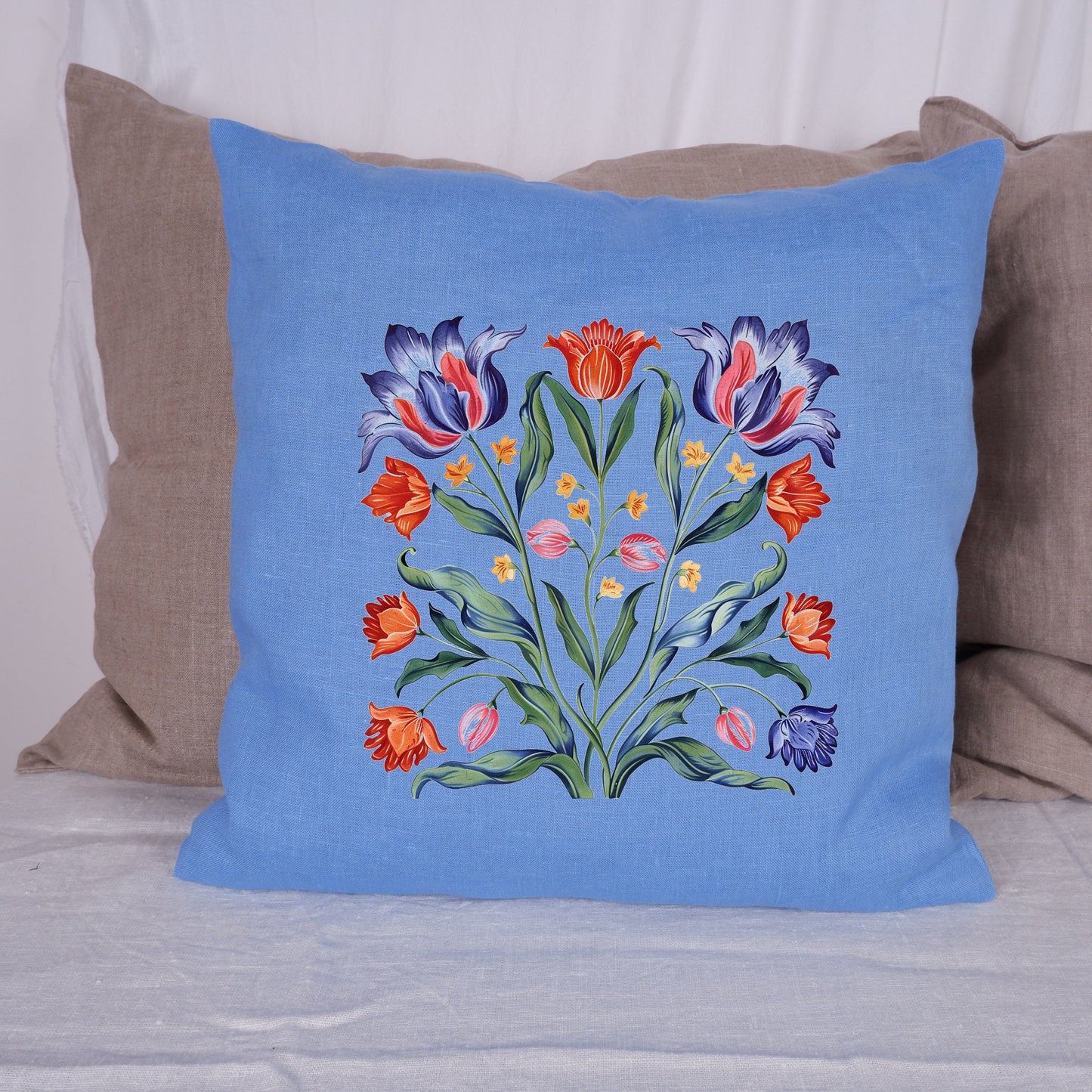 SALE LINEN Cushion cover with tulips print , decorative linen pillow cover with folk art print , Floral Housewarming Gift