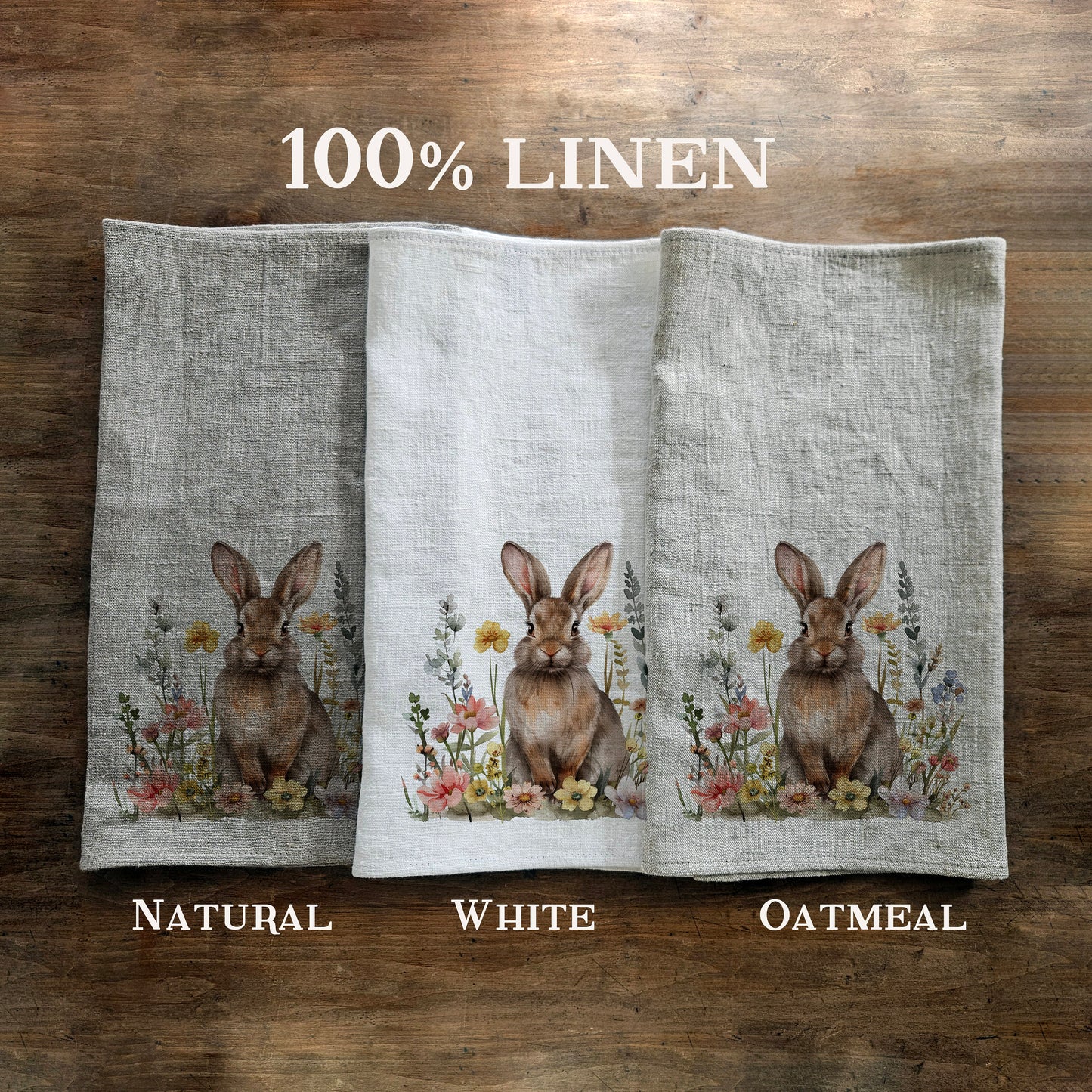 Blommig kökshandduk i linne med kaninmotiv, blommig kaninhandduk för te, diskhandduk med lantlig blommotiv, kökshandduk i österländsk stil för kök