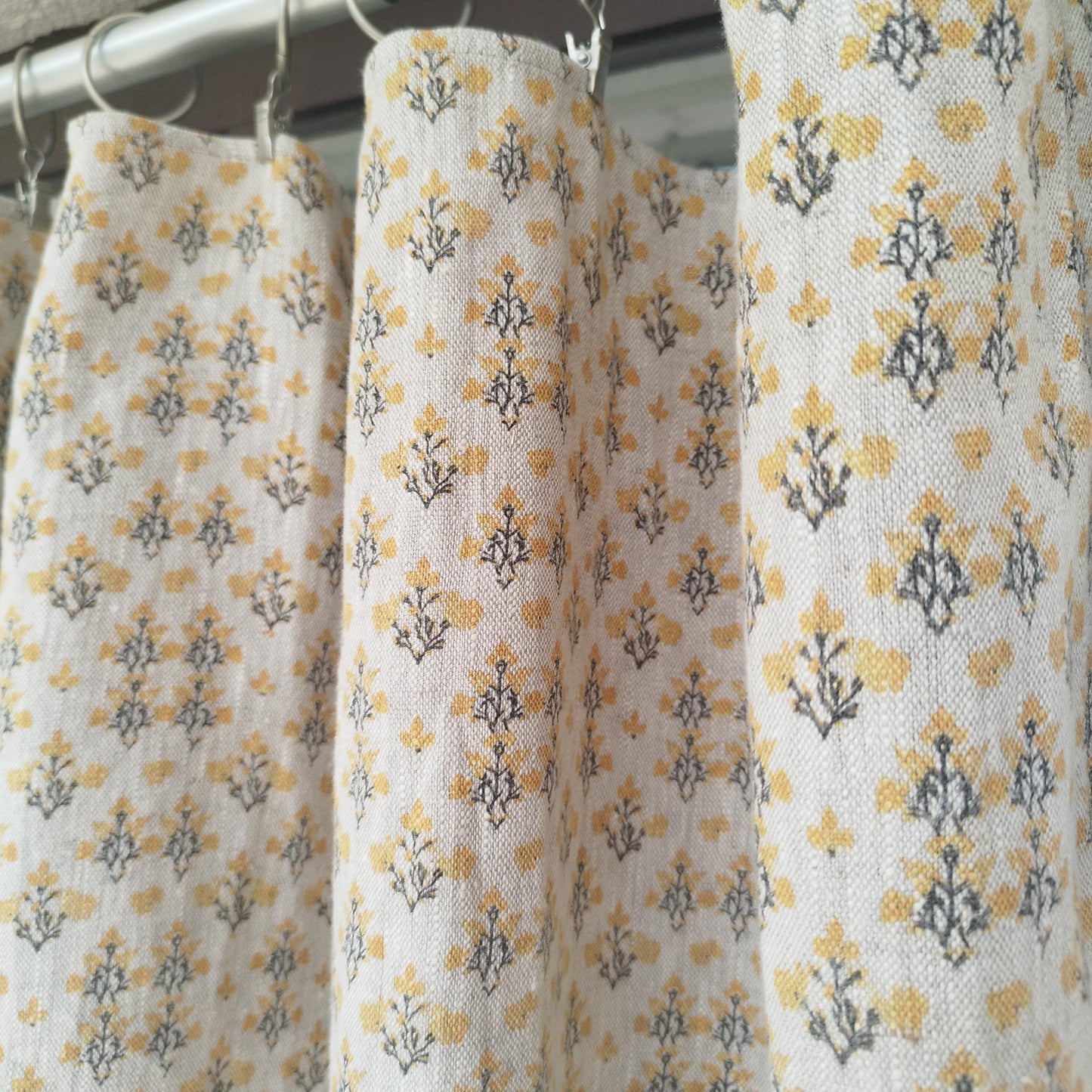 Curtains 100% Linen with indian block print yellow pattern PREWASHED. kitchen Living room farmhouse linen window panel