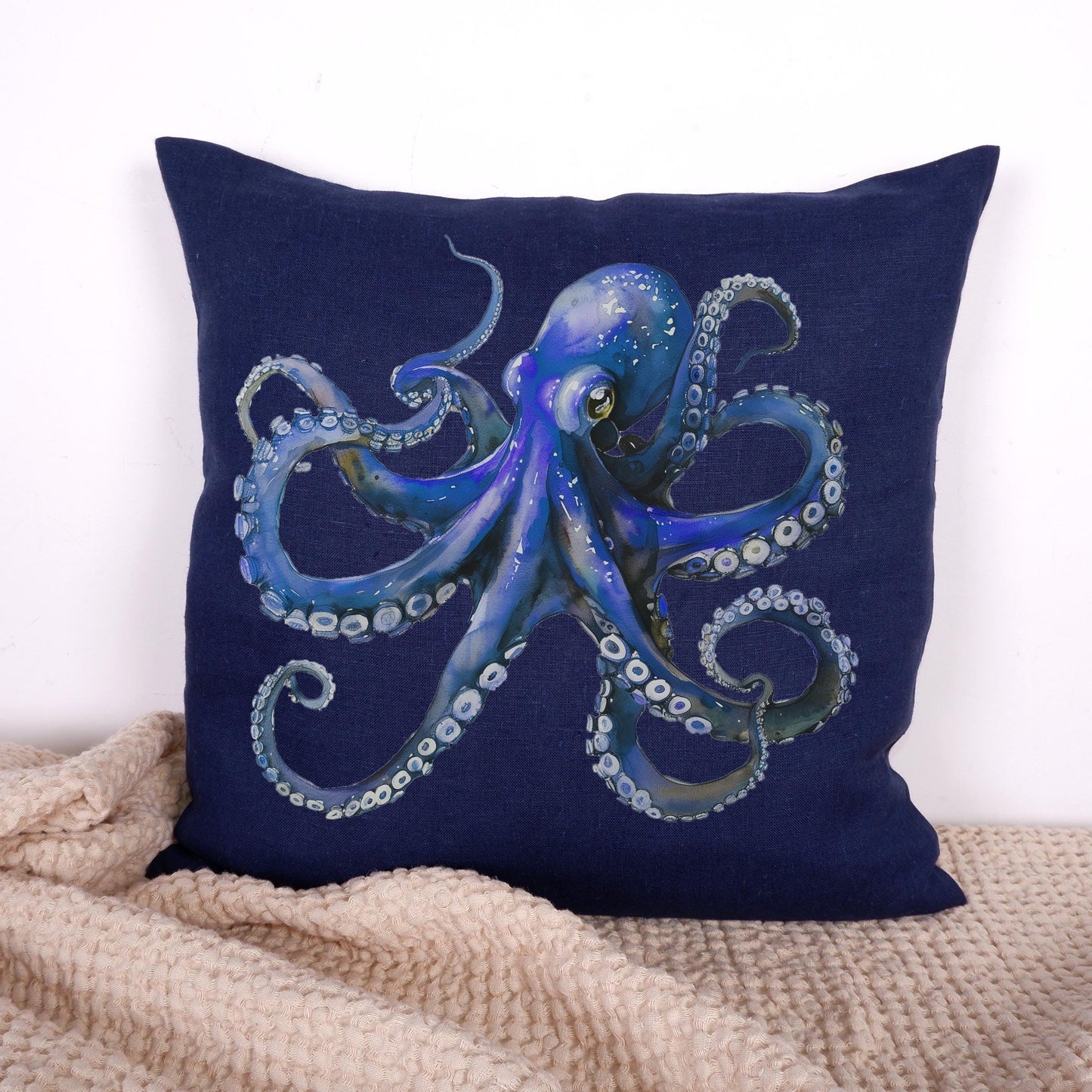 LINNE Kuddfodral med bläckfisktryck / Marint dekorativt linneörngott / Kustnära marin dekoration kudde inflyttningspresent