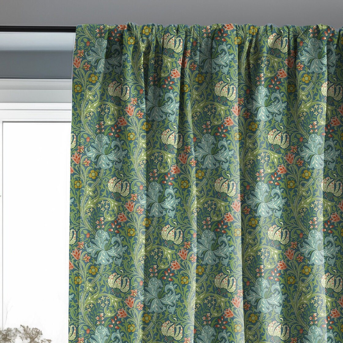 William Morris Curtain Panel Golden LIlly, Floral Botanical green Print Curtain Panels, Curtains for living room
