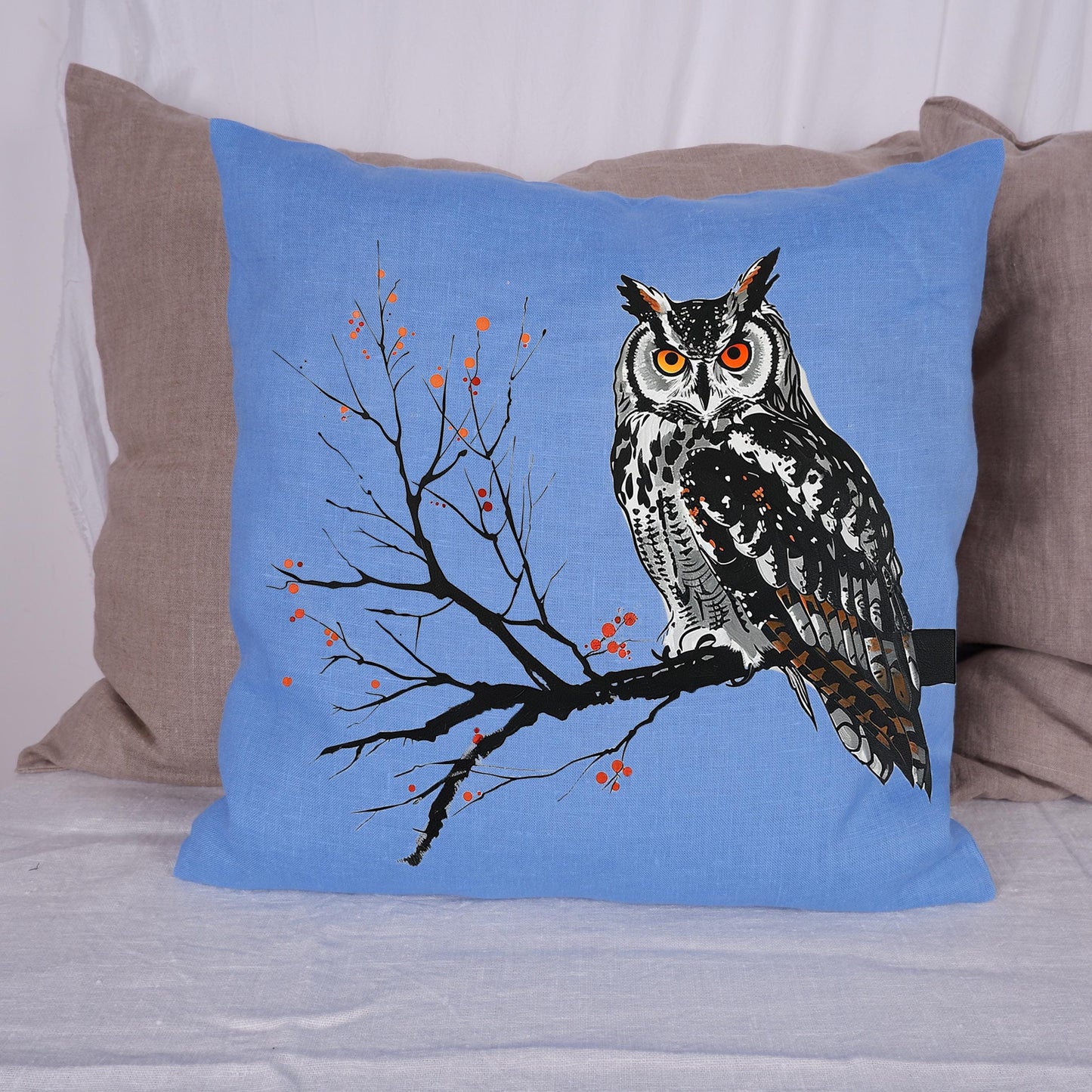 LINEN Cushion cover Nordic folk art with Owl, Owl decorative linen pillow cover , Bird decor Cushion Housewarming Gift
