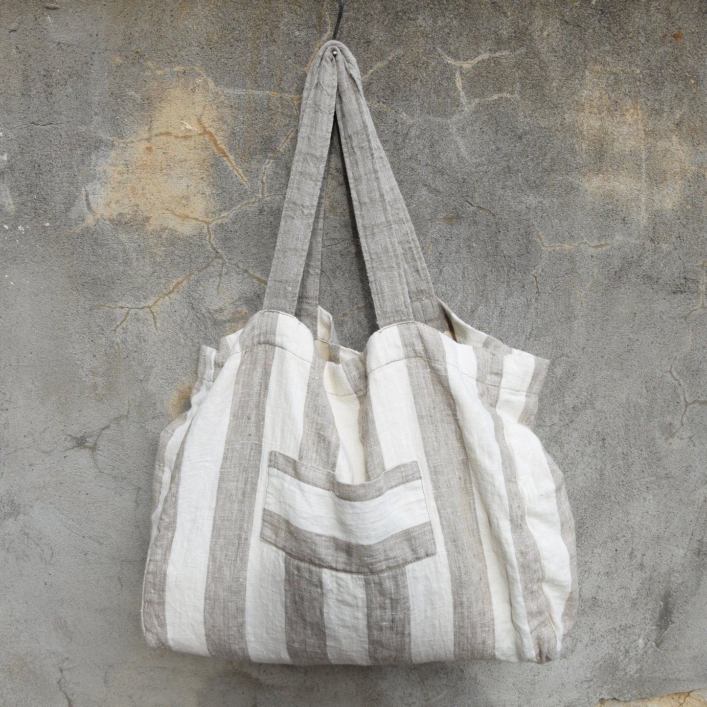 Linen tote bag - shopping bag - striped linen bag - shoulder bag - Organic