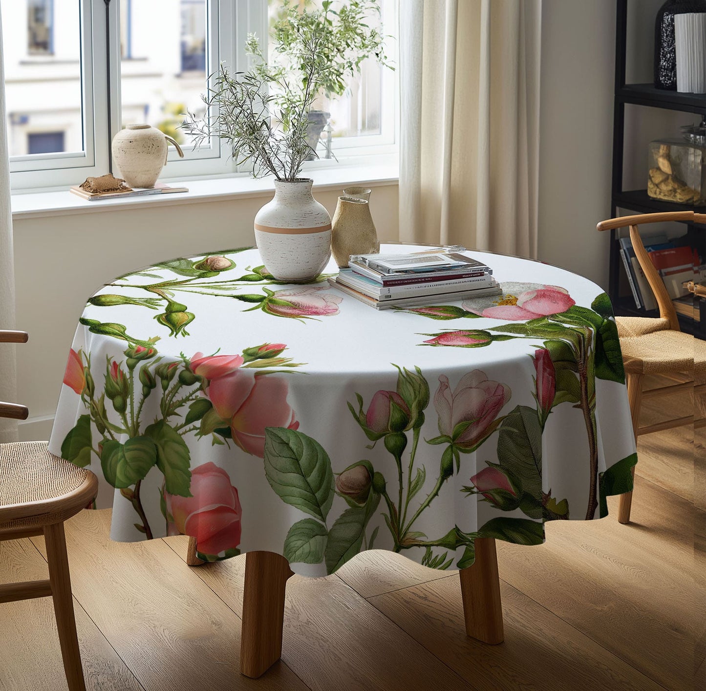 Round Linen Tablecloth with Floral Print – 100% Linen - Wild roses