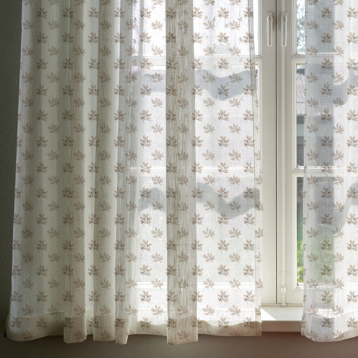 100% linen curtains - SHEER with brown acorn leaves print