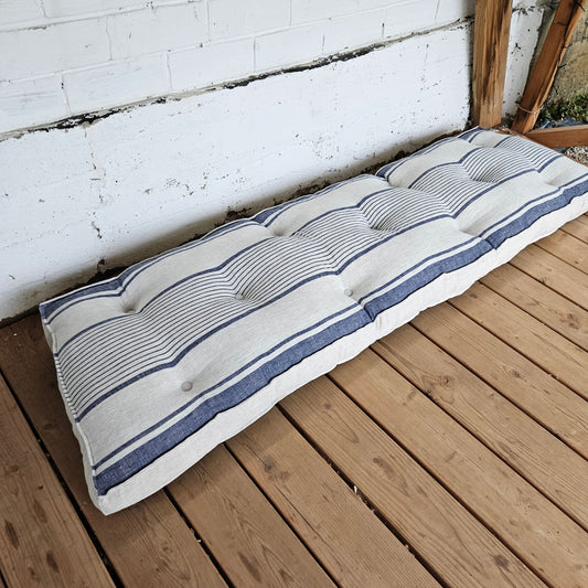 Bench cushion in French striped linen,  floor cushion in Custom size, shikibuton thick mat Shiki futon filled organic fiber filler