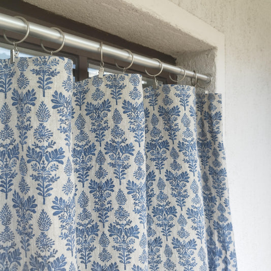 Curtains 100% Linen blue french block print floral PREWASHED. kitchen Living room farmhouse curtains. Bedroom window panel in linen