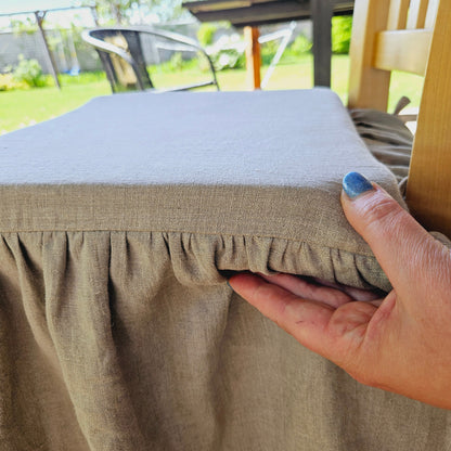 Dining Chair Cover in linen , French Large Linen Chair Seat Covers with 4 sided Ruffle in Natural Flax Color Chair Pad With Ties