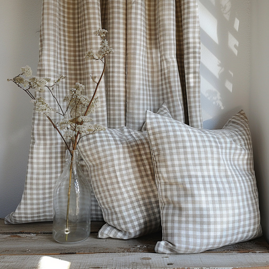 Check linen pillowcase in custom size pillow cover. French linen Vintage Cottage Farmhouse style pillow cover