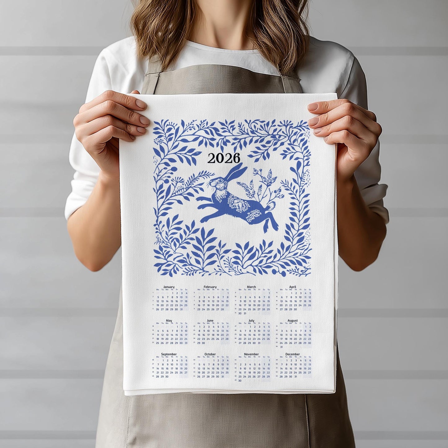 2026 Calendar Tea Towel - Rabbit in meadow - Home Sweet Home Linen Canvas Tea Towel - 100% linen kitchen towels