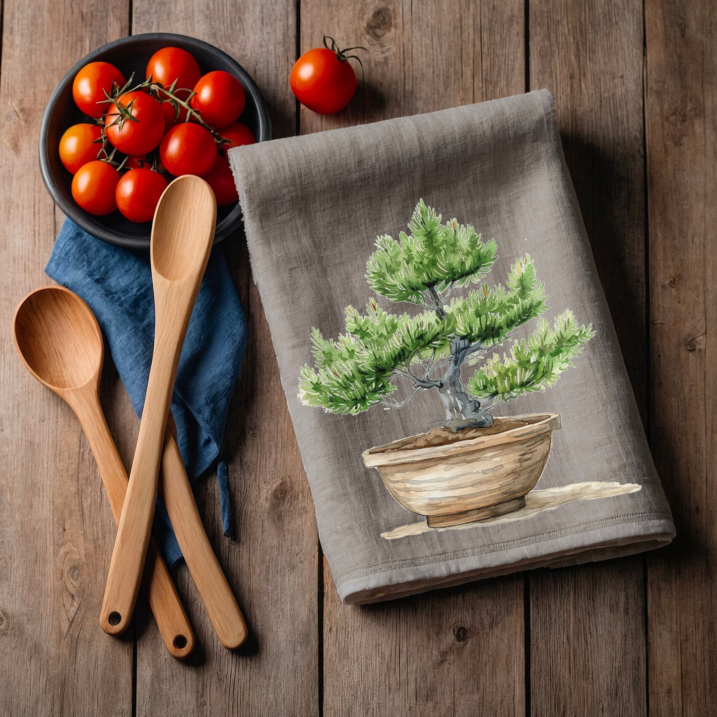 Japanese Tea Towel in linen Bonsai, Greenery white Hand Towels Tea, Farmhouse Dish Towel,  Kitchen Décor Tea Towel