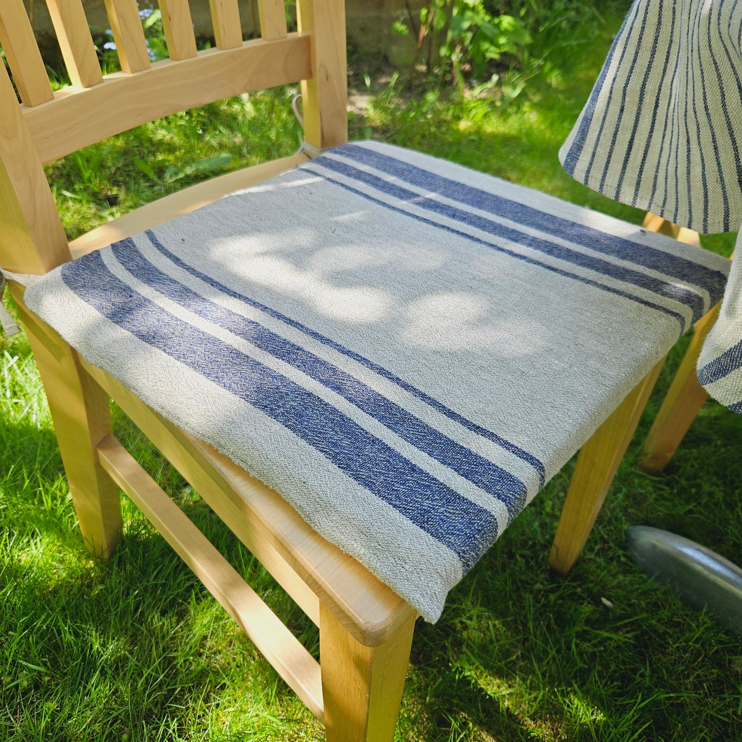 Linen Seat Cushion striped with ties, Striped red Chair Pad Pillow, Natural French Style Heavy Weight 100% Linen grain sack fabric