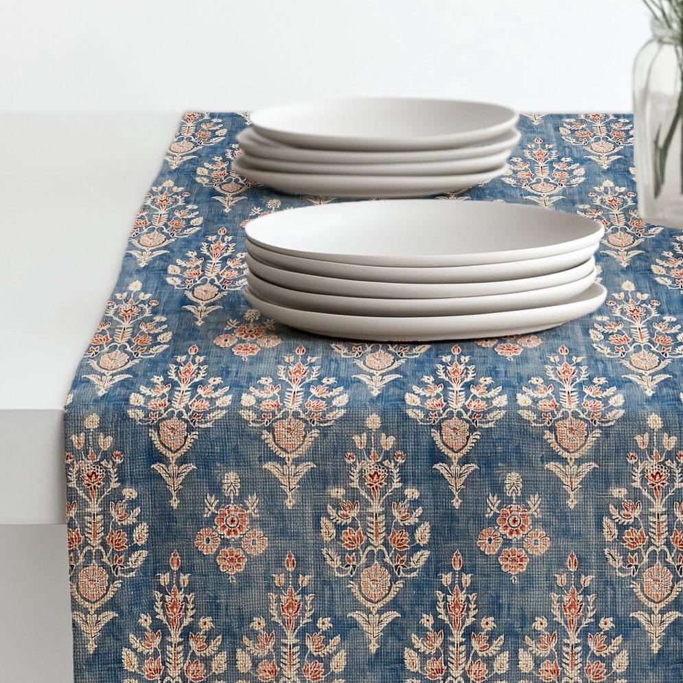 Boho Linen runner - french block print linen hippie vibe - indigo blue Rustic linen Cottage farmhouse country style Stonewashed linen