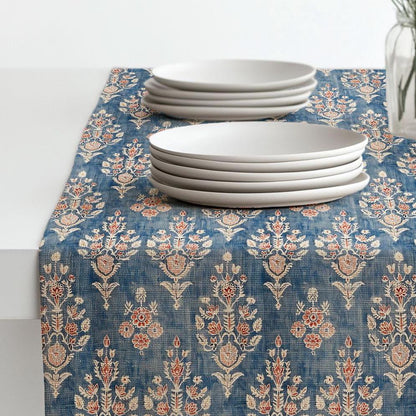 Boho Linen runner - french block print linen hippie vibe - indigo blue Rustic linen Cottage farmhouse country style Stonewashed linen