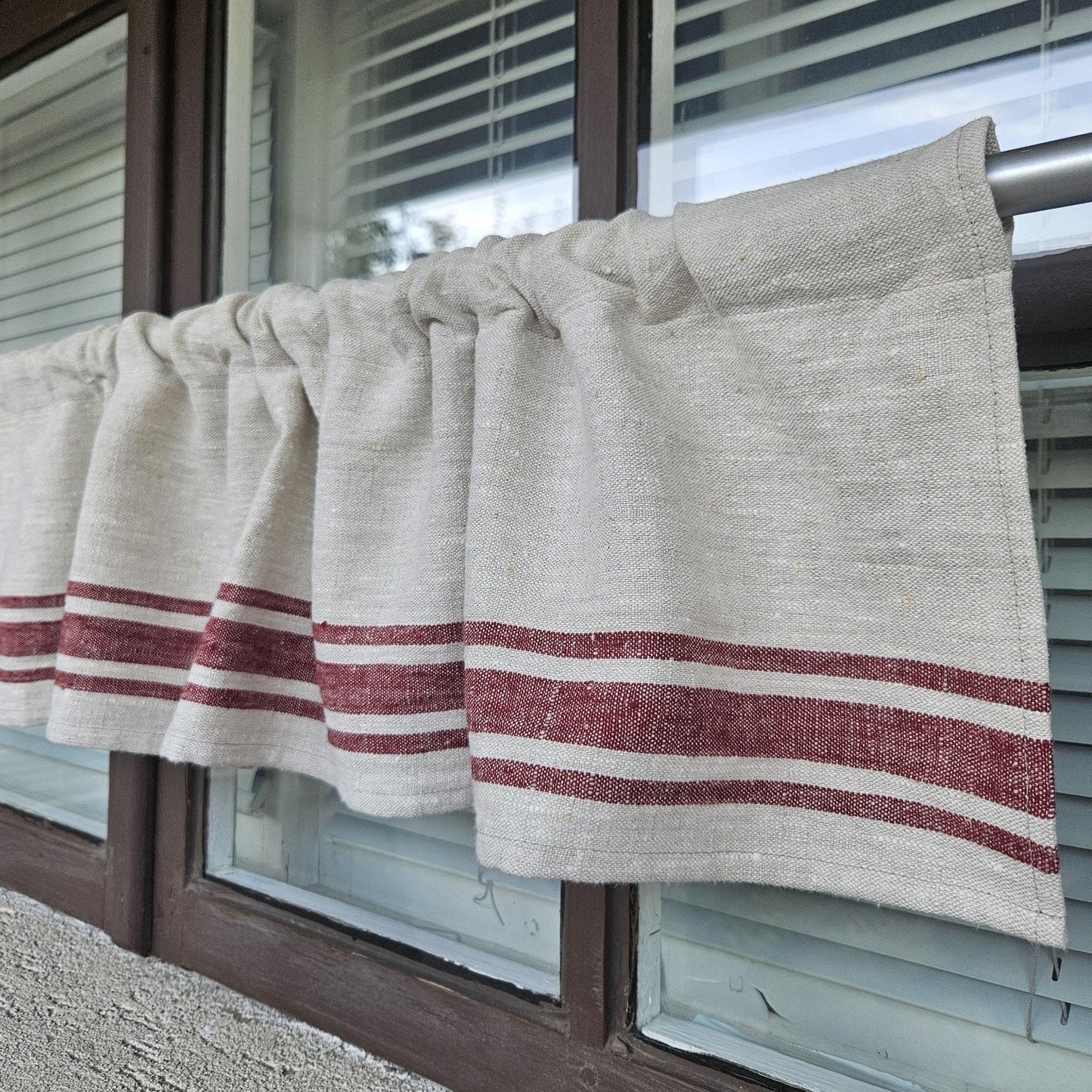 Ticking Valance Farmhouse Curtain in linen, Pure linen window treatment. Living room Cafe Kitchen window panel Grain sack with french stripe