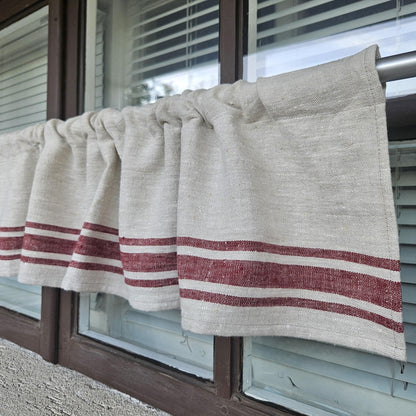 Ticking Valance Farmhouse Curtain in linen, Pure linen window treatment. Living room Cafe Kitchen window panel Grain sack with french stripe