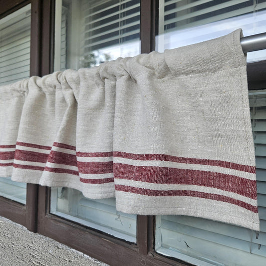Ticking Valance Farmhouse Curtain in linen, Pure linen window treatment. Living room Cafe Kitchen window panel Grain sack with french stripe