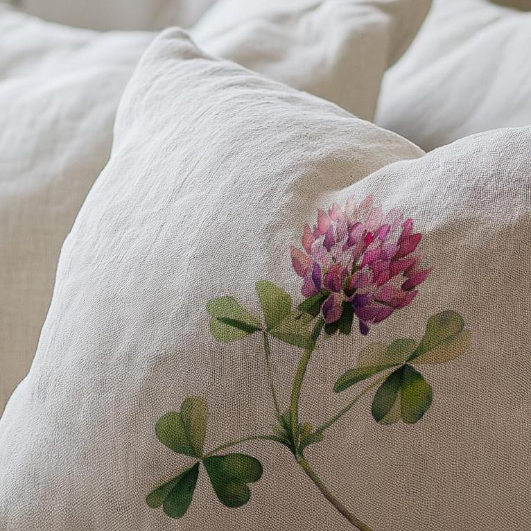 linen pillowcase in custom size pillow cover in neutral colors with CLOVER print - French linen Vintage Cottage Farmhouse cushion cover