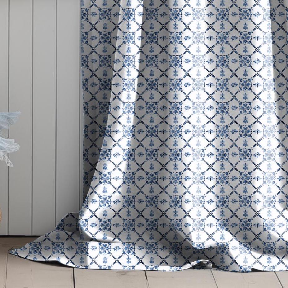 Curtains 100% Linen with Swedish tile print blue white pattern  PREWASHED - kitchen Living room farmhouse linen window panel