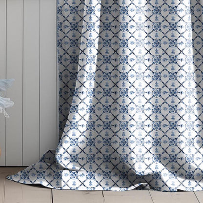 Curtains 100% Linen with Swedish tile print blue white pattern  PREWASHED - kitchen Living room farmhouse linen window panel