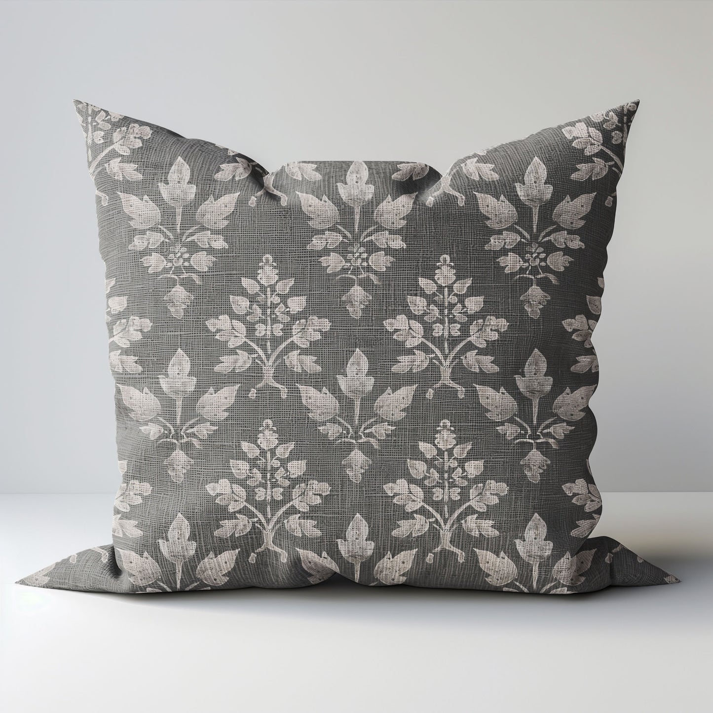 Modern grey linen Floral Pillow Cover, neutral Boho Pillow block print on linen, Coutrynome block printed pillow case in European flax