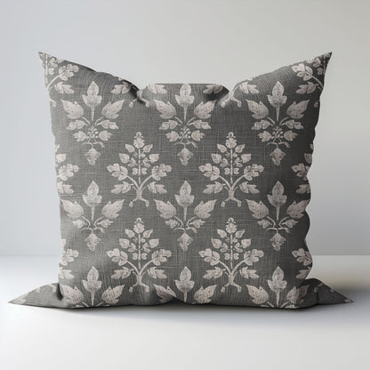Modern grey linen Floral Pillow Cover, neutral Boho Pillow block print on linen, Coutrynome block printed pillow case in European flax