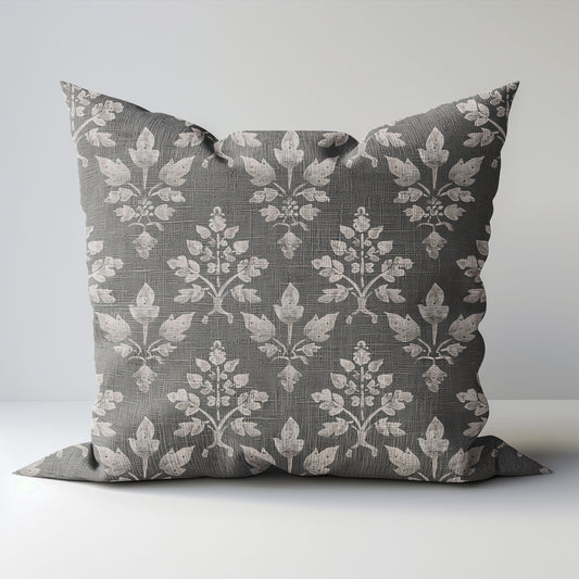 Modern grey linen Floral Pillow Cover, neutral Boho Pillow block print on linen, Coutrynome block printed pillow case in European flax