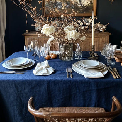 Heavy linen tablecloth for dinning table in striped, designer flax table cloth Retangle Square or Round in navy blue linen or other colors