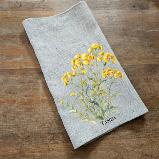 Tansy Tea Towel in linen, floral Hand Towels Tea, botanical Floral Dish Towel, yellow flower Kitchen Décor Tea Towel