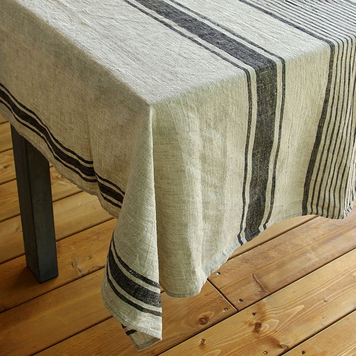 100% Linen tablecloth striped PREWASHED French table cloth rustic rectangle square oval Grey Blue country style Sack weave linen
