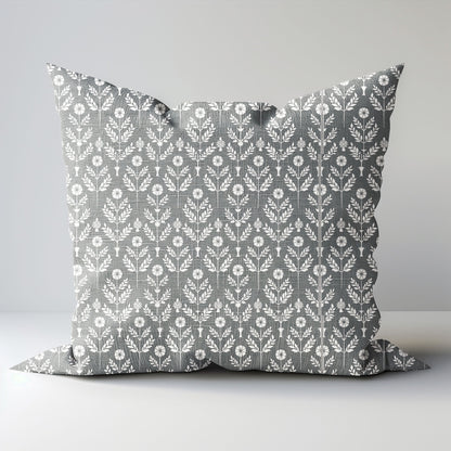 Modern grey linen Floral Pillow Cover, neutral Boho Pillow block print on linen, Coutrynome block printed pillow case in European flax