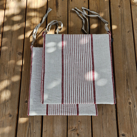 Linen Seat Cushion striped with ties, Striped red Chair Pad Pillow, Natural French Style Heavy Weight 100% Linen grain sack fabric
