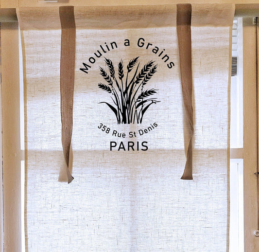 Linen curtains valance with tie up with French Country Stamp Moulin a grains, farmhouse kitchen curtains, door curtains  in custom size