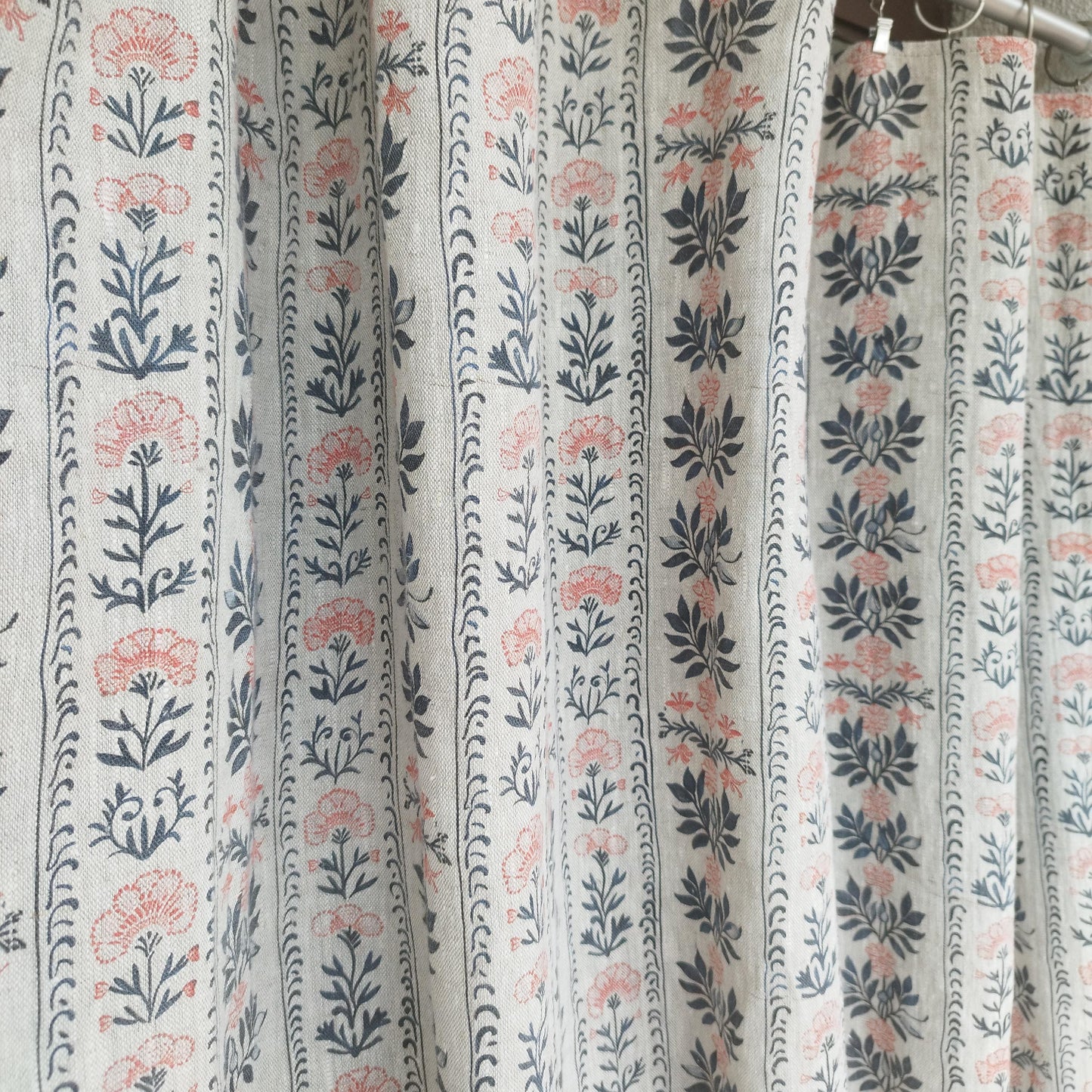 Curtains 100% Linen blue striped french print floral PREWASHED. kitchen Living room farmhouse curtains. Bedroom floral linen window panel